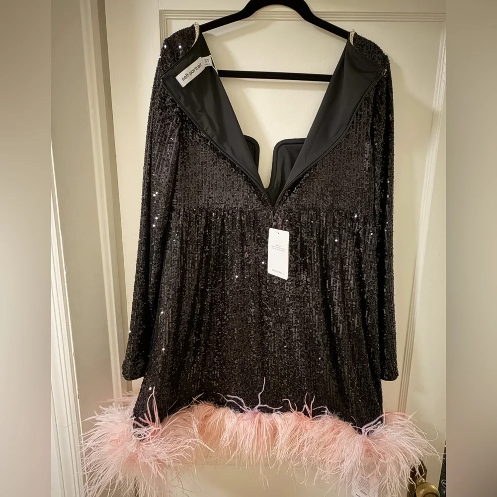 NWT Self-Portrait Black Feather-Trim Sequined Mini Dress Black Pink Size 12 - Picture 8 of 10